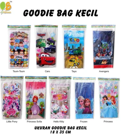 Goodie Bag Plastik Kecil 18x35 cm dengan berbagai motif lucu dan menarik, tersedia berbagai macam warna