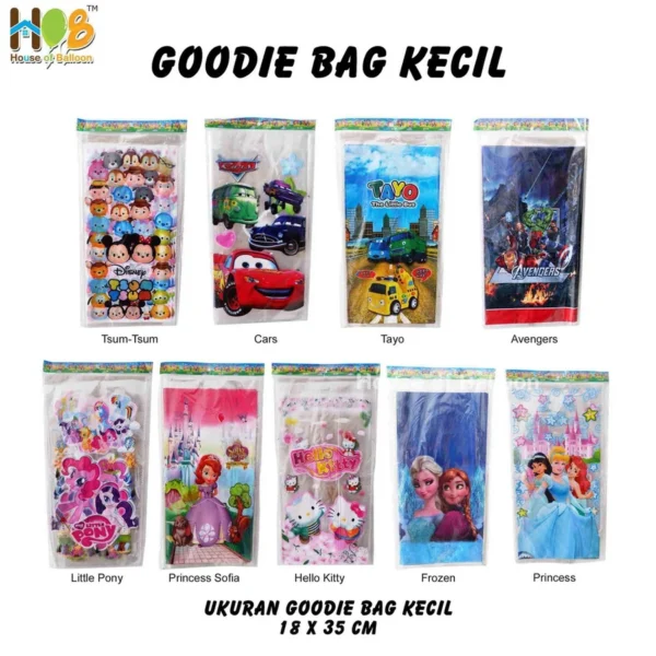 Goodie Bag Plastik Kecil 18x35 cm dengan berbagai motif lucu dan menarik, tersedia berbagai macam warna