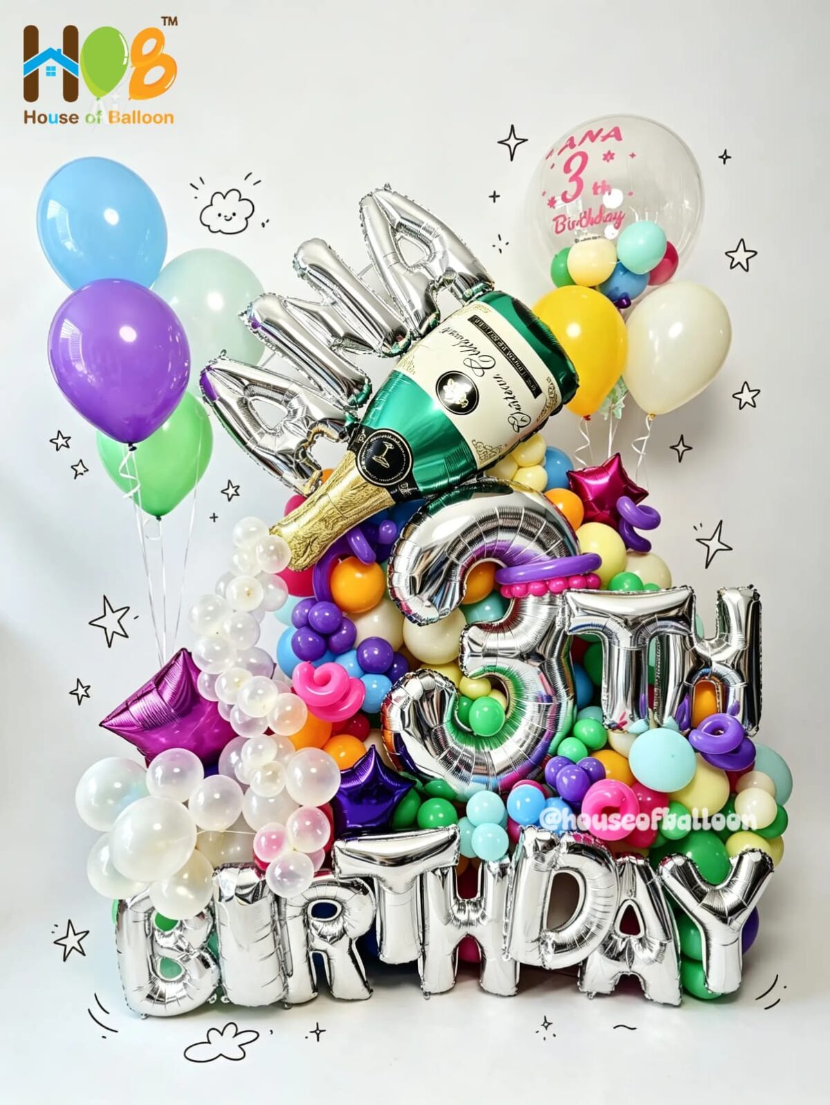 Organic Helium Champagne Ana 3th Balon Helium Champagne Happy Birthday Organic