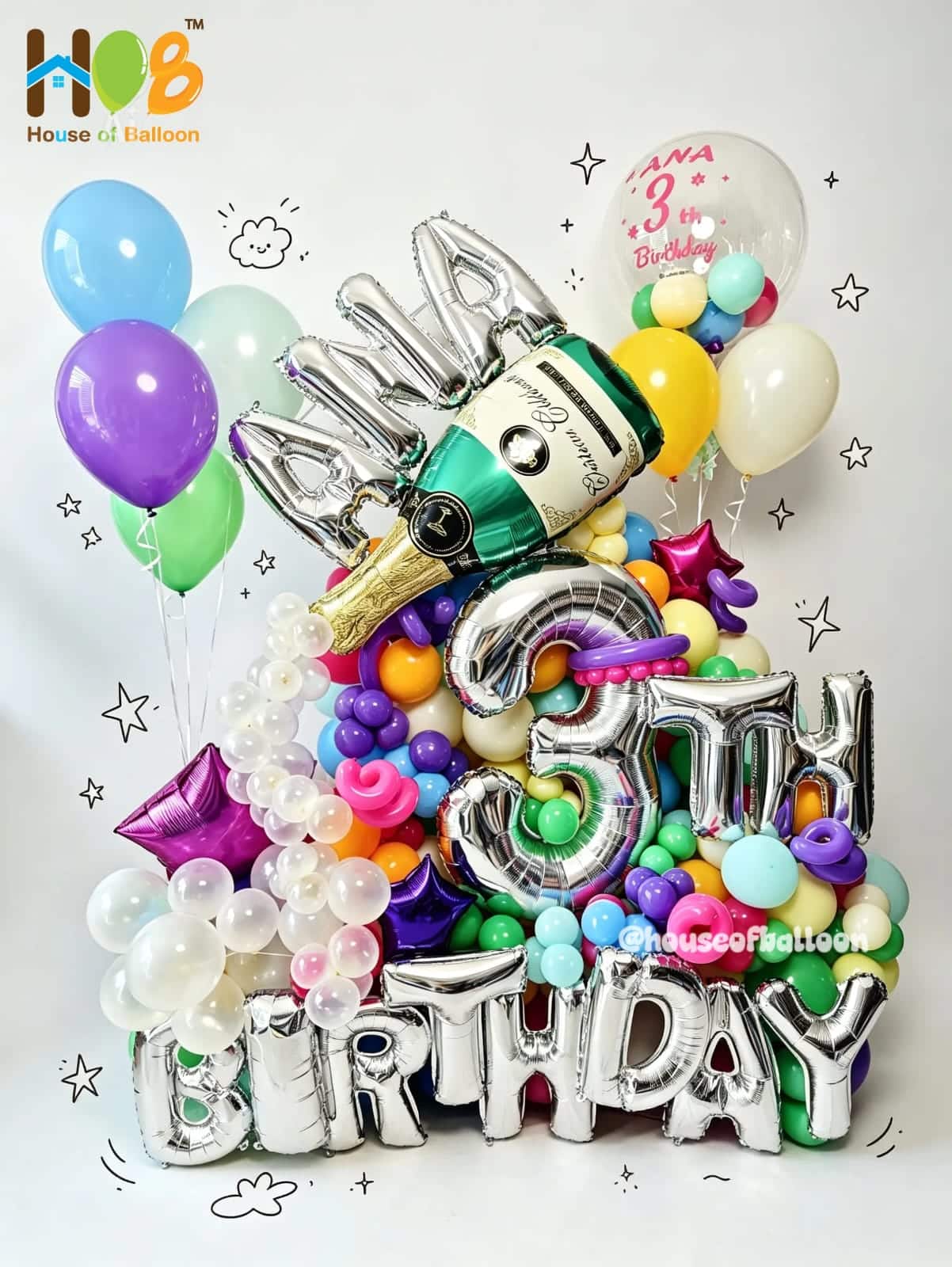 Organic Helium Champagne Ana 3th Balon Helium Champagne Happy Birthday Organic